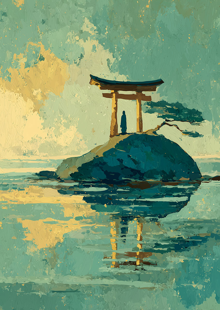Artwork of a Zen Torii Gate on a rocky island with calm waters and soft clouds.